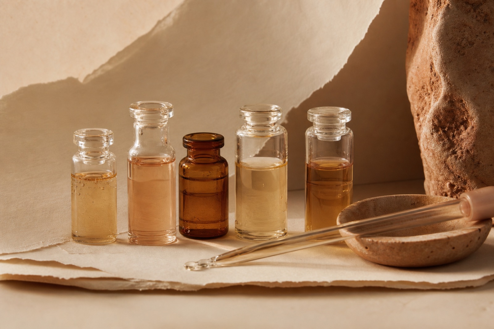 A row of lab glass vials and a pipette on ivory.